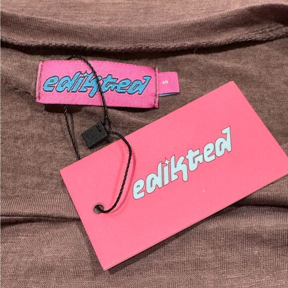 NEW Edikted Sheer Raw Hem Long Sleeve Crop Top Brown Women’s Small - Picture 4 of 4